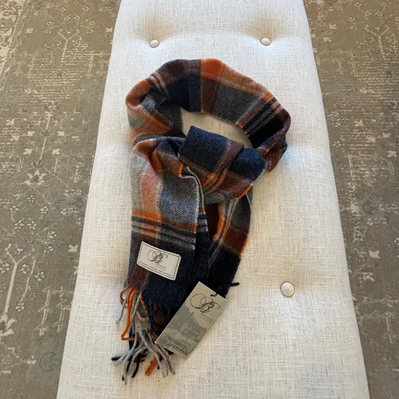 NWT Bronte by Moon Scarf Merino Lambswool navy, orange, and grey plaid patt - Picture 3 of 6